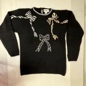 Black Silk Angora Wool Sweater with sequin and Bow Designs Vintage Long Tunic Me